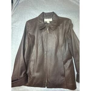 Doncaster Brown Ribbed Leather Zip Jacket Women's Size 14 Textured Moto Blazer